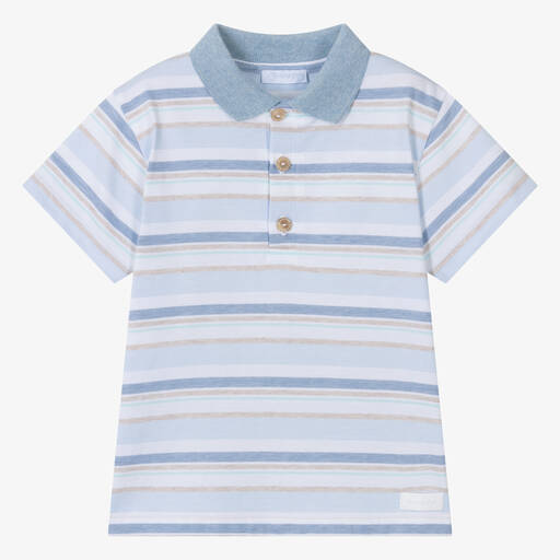 Laranjinha-Boys Blue Striped Cotton Polo Shirt | Childrensalon Outlet