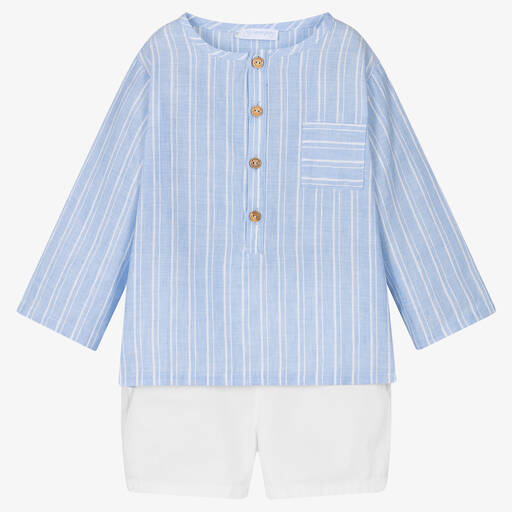Laranjinha-Boys Blue & White Stripe Shorts Set | Childrensalon Outlet