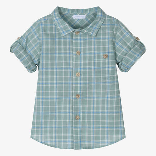 Laranjinha-Boys Green & Blue Cotton Check Shirt | Childrensalon Outlet