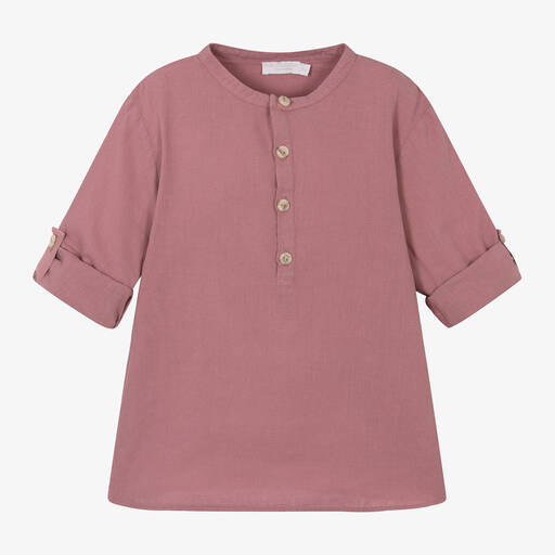 Laranjinha-Boys Red Linen Collarless Shirt | Childrensalon Outlet