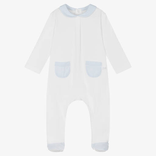 Laranjinha-Boys White & Blue Cotton Babygrow | Childrensalon Outlet