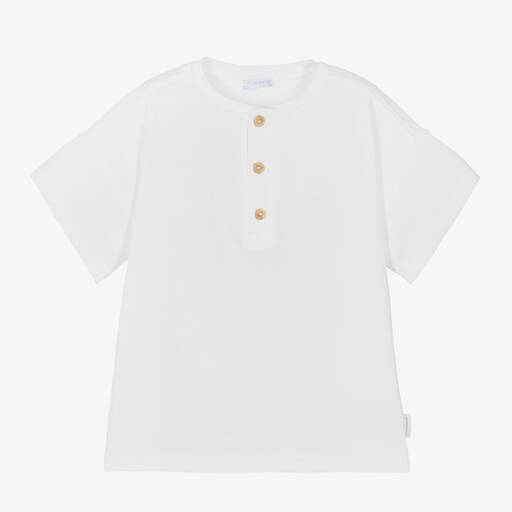Laranjinha-Boys White Cotton Buttoned T-Shirt | Childrensalon Outlet