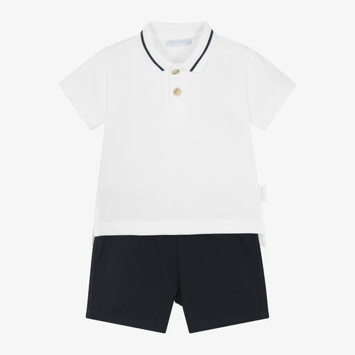 Laranjinha-Boys White & Navy Blue Cotton Shorts Set  | Childrensalon Outlet