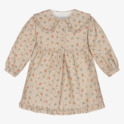 Laranjinha-Girls Beige Floral Corduroy Dress | Childrensalon Outlet