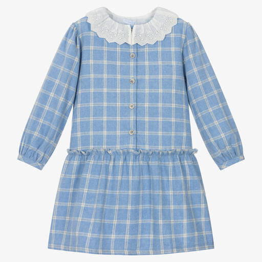 Laranjinha-فستان قطن تويل كاروهات لون أزرق وأبيض ورمادي | Childrensalon Outlet