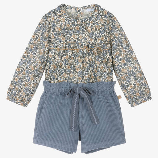 Laranjinha-Girls Blue Cotton Blouse & Shorts Set | Childrensalon Outlet