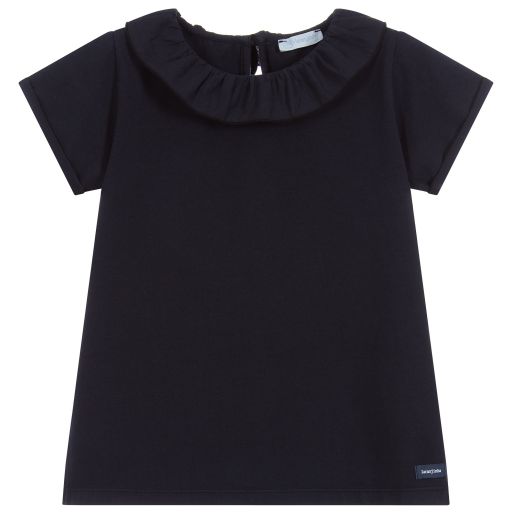 Laranjinha-Girls Blue Cotton T-Shirt | Childrensalon Outlet