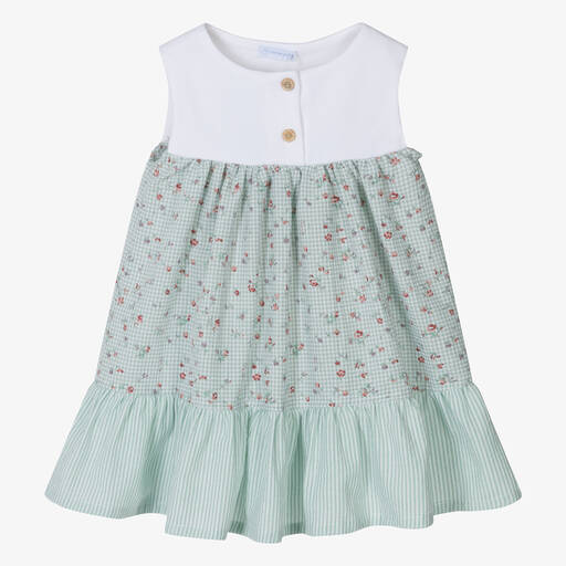 Laranjinha-Girls Green Floral Gingham Cotton Dress | Childrensalon Outlet