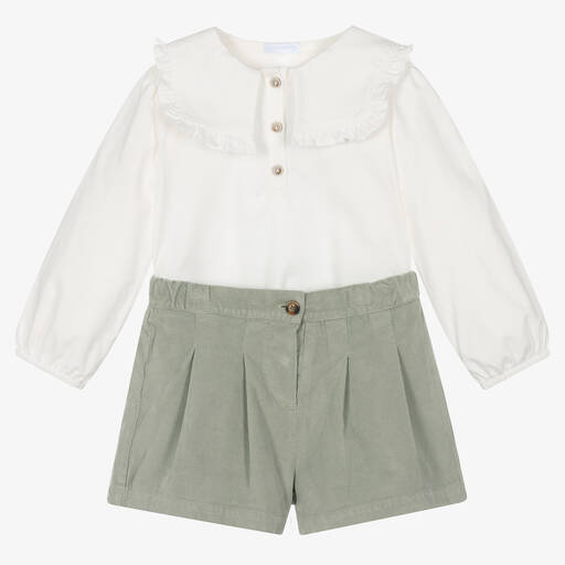 Chic by Laranjinha-Girls Ivory & Khaki Green Shorts Set | Childrensalon Outlet