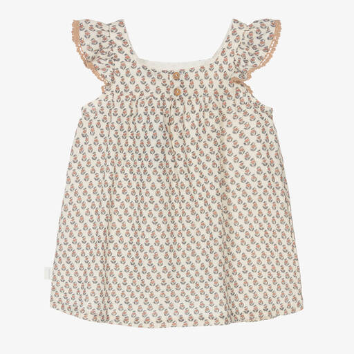 Laranjinha-Girls Pale Beige Floral Print Dress | Childrensalon Outlet