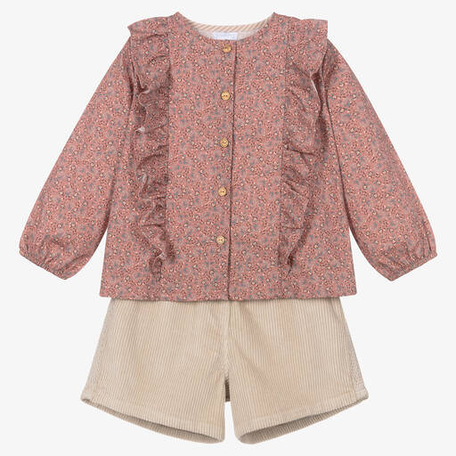 Laranjinha-Girls Pink & Beige Shorts Set | Childrensalon Outlet