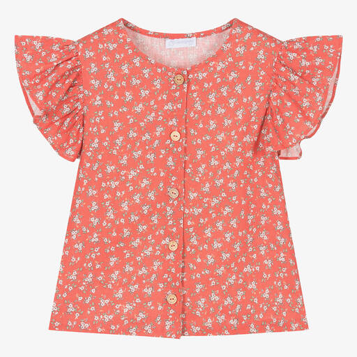 Laranjinha-Girls Red Floral Linen & Viscose Blouse | Childrensalon Outlet
