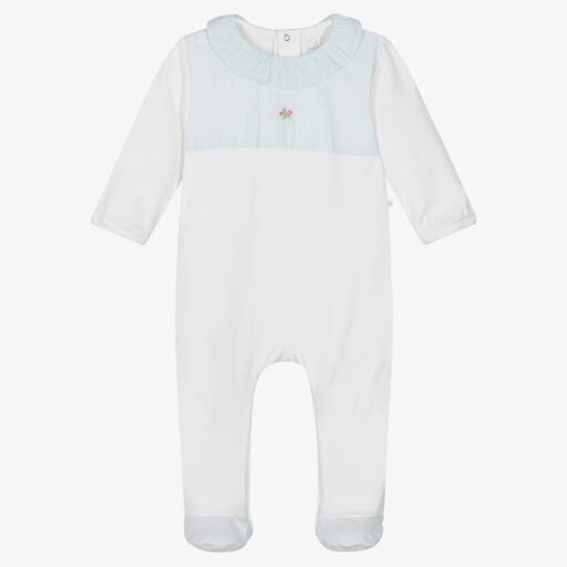 Laranjinha-Girls White & Aqua Blue Cotton Babygrow | Childrensalon Outlet