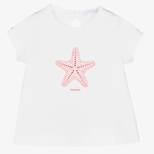 Laranjinha-Girls White Cotton T-Shirt | Childrensalon Outlet