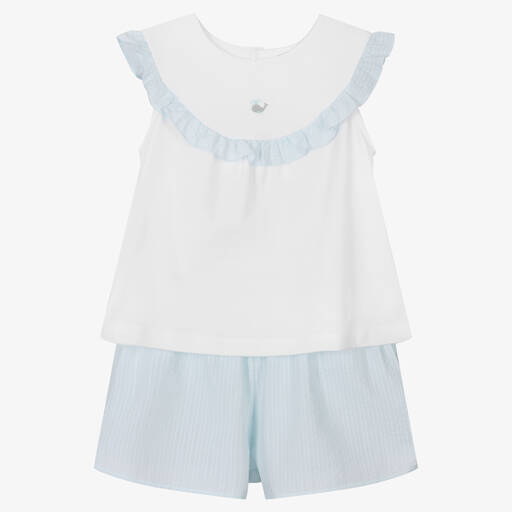 Laranjinha-Girls White & Green Cotton Short Pyjamas | Childrensalon Outlet
