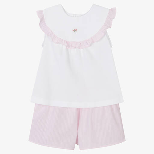 Laranjinha-Baumwoll-Schlafanzug kurz weiß/rosa | Childrensalon Outlet