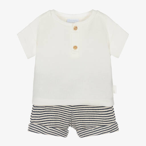 Laranjinha-Ivory & Blue Cotton Shorts Set | Childrensalon Outlet