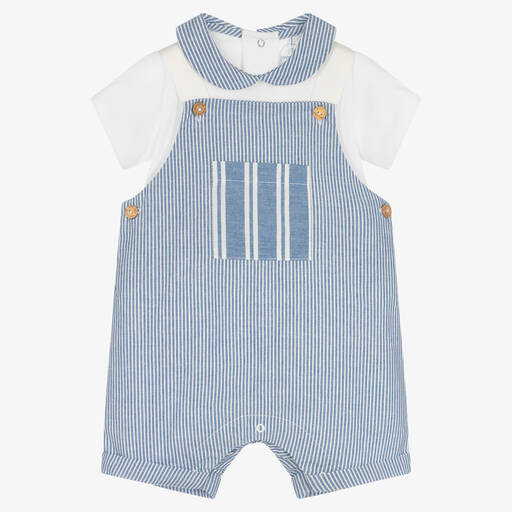 Laranjinha-White & Blue Dungaree Shorts Set | Childrensalon Outlet