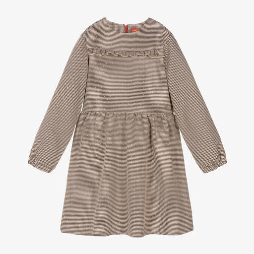 Le Chic-Girls Beige Diamanté Houndstooth Dress | Childrensalon Outlet