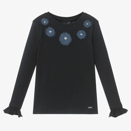 Le Chic-Girls Blue Cotton Flower Top  | Childrensalon Outlet