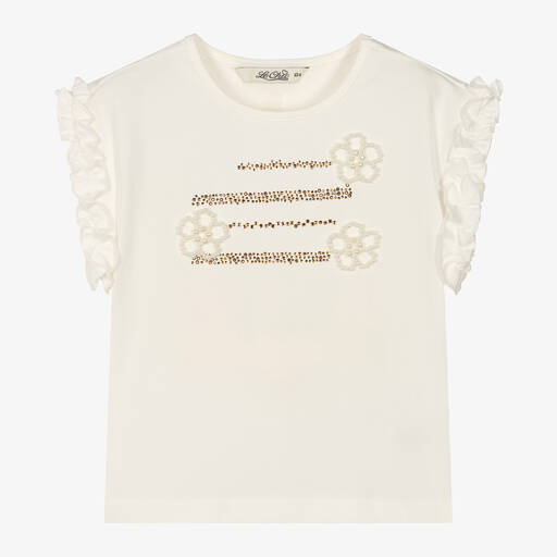 Le Chic-Girls Ivory Cotton Frilled T-Shirt | Childrensalon Outlet