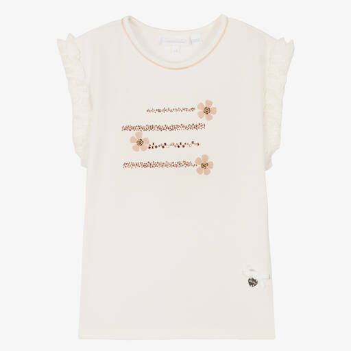 Le Chic-Blumen-T-Shirt in Elfenbein & Gold  | Childrensalon Outlet