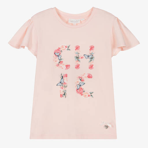 Le Chic-Girls Pink Cotton Flower Logo T-Shirt  | Childrensalon Outlet