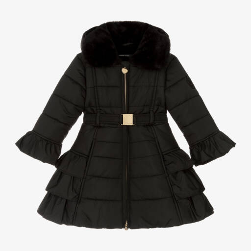 Le Chic-Girls Quilted Black Ruffle Coat | Childrensalon Outlet