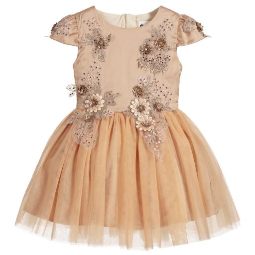 Le Mu-Beige Tulle Lace Crystal Dress | Childrensalon Outlet