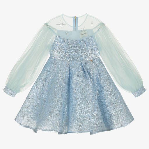 Le Mu-فستان بروكيد وتول لون أزرق وفضَّي | Childrensalon Outlet