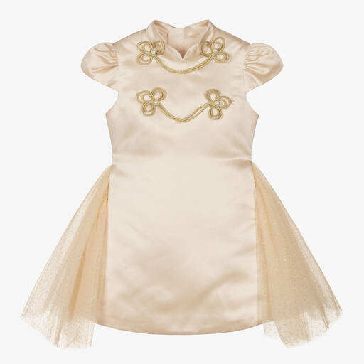 Le Mu-Girls Champagne Satin Tulle Dress  | Childrensalon Outlet