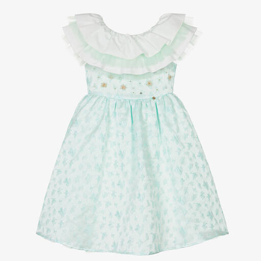 Le Mu-Girls Green Satin Jacquard Dress | Childrensalon Outlet