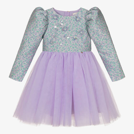 Le Mu-Girls Lilac & Blue Floral Brocade Tulle Dress | Childrensalon Outlet