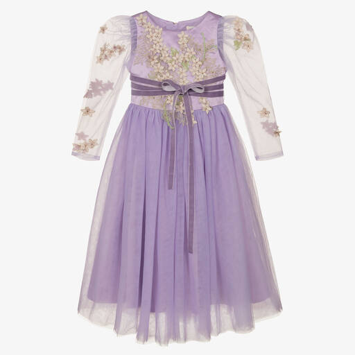 Le Mu-Girls Lilac Embroidered Long Dress | Childrensalon Outlet