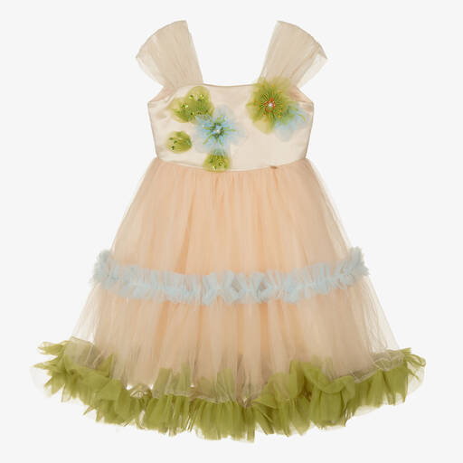 Le Mu-Girls Pink & Green Tulle Flower Dress | Childrensalon Outlet