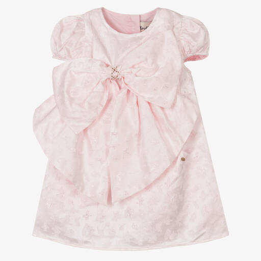 Le Mu-Розовое жаккардовое платье из атласа с бантом | Childrensalon Outlet