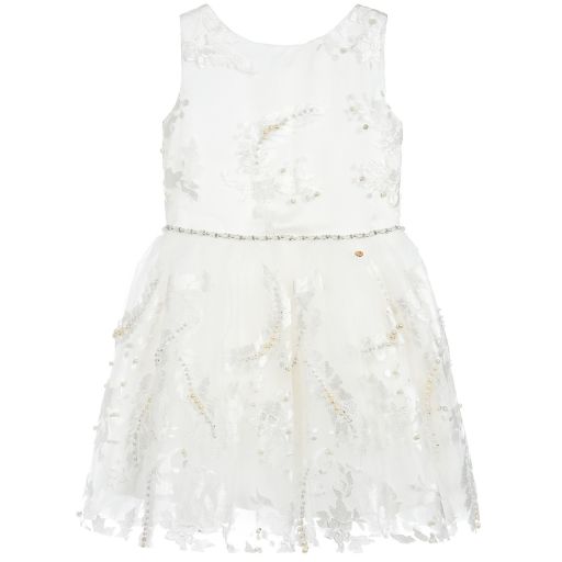 Le Mu-White Embroidered Pearl Dress | Childrensalon Outlet