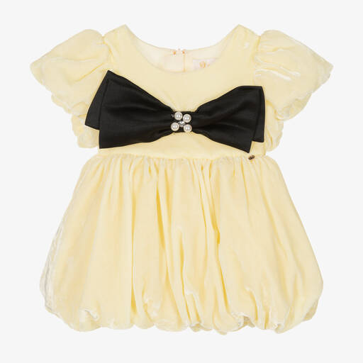 Le Mu-Yellow Bow Velvet Baby Dress | Childrensalon Outlet