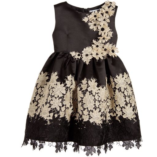 Lesy Luxury-Black Satin & Gold Floral Lace Dress | Childrensalon Outlet
