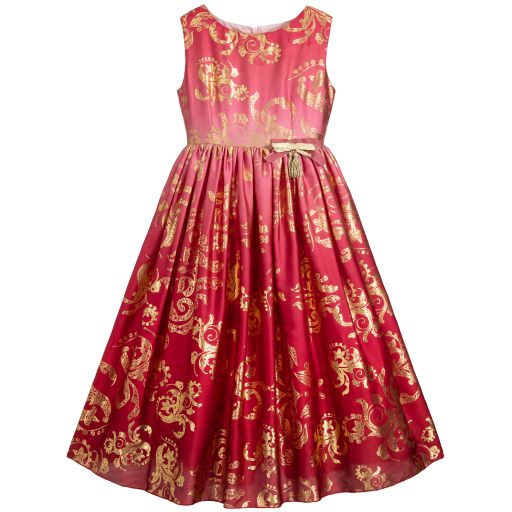 LESY Girls Fuchsia Pink & Gold Floral Tulle Special Occasion Dress
