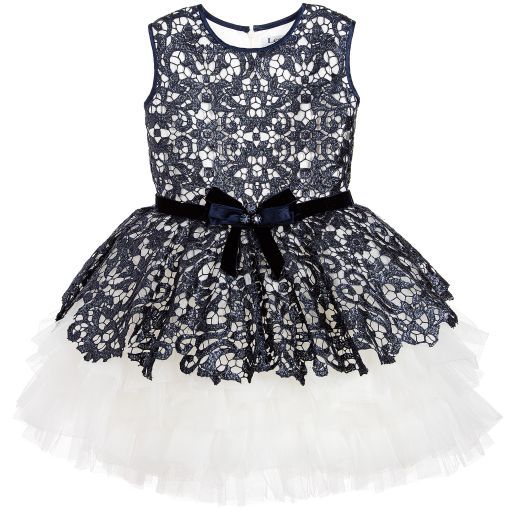 Lesy Luxury-Luxury Blue Sequin Lace & Ivory Tulle Dress  | Childrensalon Outlet