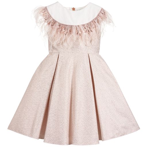 Lesy-Robe rose en brocart et plumes | Childrensalon Outlet