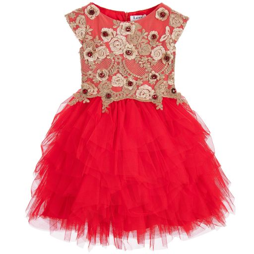 Lesy Luxury-Red Tulle Dress with Ornate Gold Embroidery & Jewels | Childrensalon Outlet
