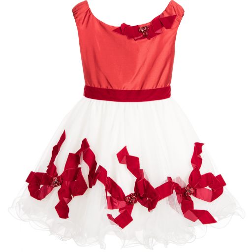 Lesy Luxury-فستان سانان و تول ابيض و احمر مزين بعقد و ديامنتي | Childrensalon Outlet