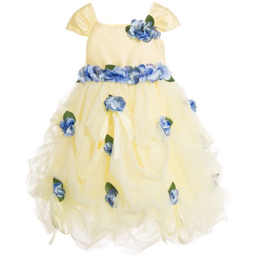 Lesy Luxury Flower-Yellow Tulle Dress with Blue Flowers | Childrensalon Outlet