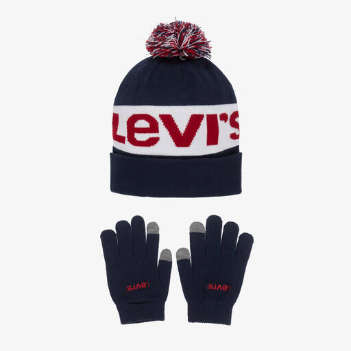 Levi's-طقم قبعة وقفّازات مزيج أكريليك محبوك لون كحلي | Childrensalon Outlet