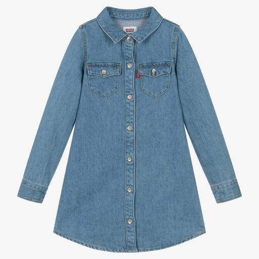 Levi's-فستان بطابع قميص قطن دنيم عضوي لون أزرق | Childrensalon Outlet