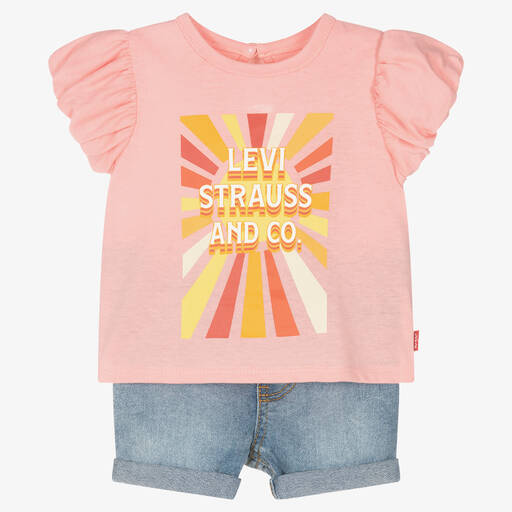 Levi's-Girls Pink & Blue & Logo Shorts Set | Childrensalon Outlet