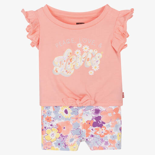Levi's-Girls Pink Floral Cotton Shorts Set | Childrensalon Outlet