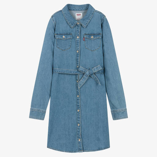 Levi's-فستان بطابع قميص قطن دنيم لون أزرق تينز بناتي | Childrensalon Outlet